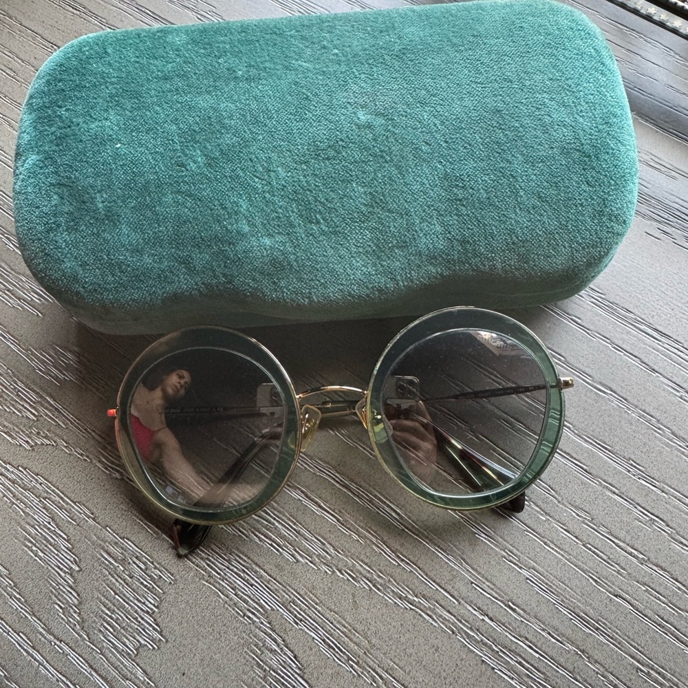Miu Miu Green and Gold Round Sunglasses